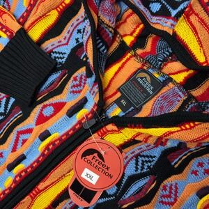 FreeX Mountain Coogi Style 3D Knit Hooded Full Zip Sweater XXL Colorful NWT
